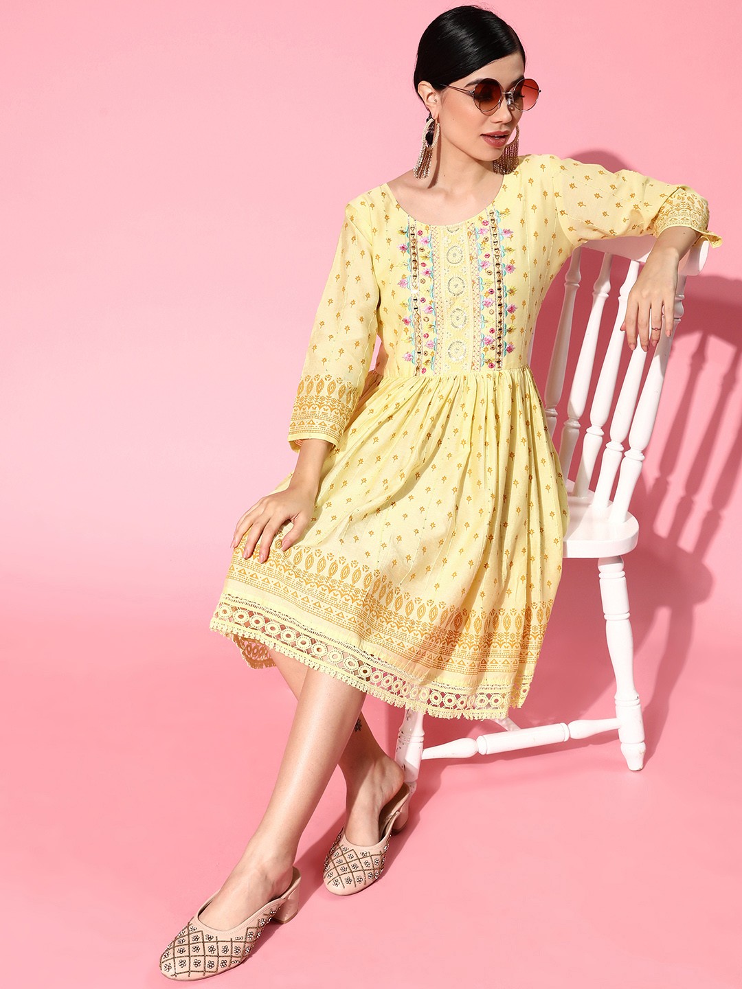 

ZOLA Yellow Ethnic Motifs Cotton Dress