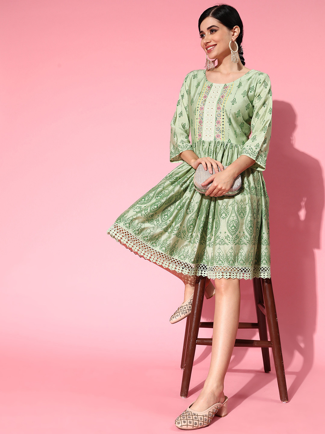 

ZOLA Green Ethnic Motifs Cotton Dress