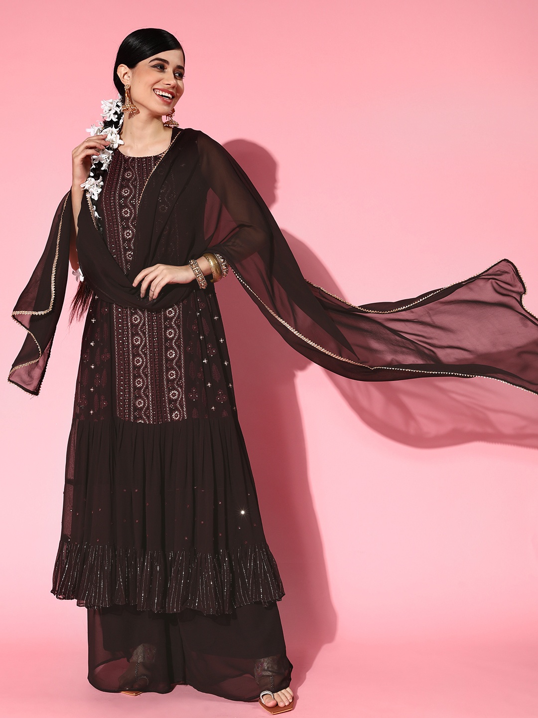 

ZOLA Women Burgundy Sequinned Kurta with Palazzos & With Dupatta