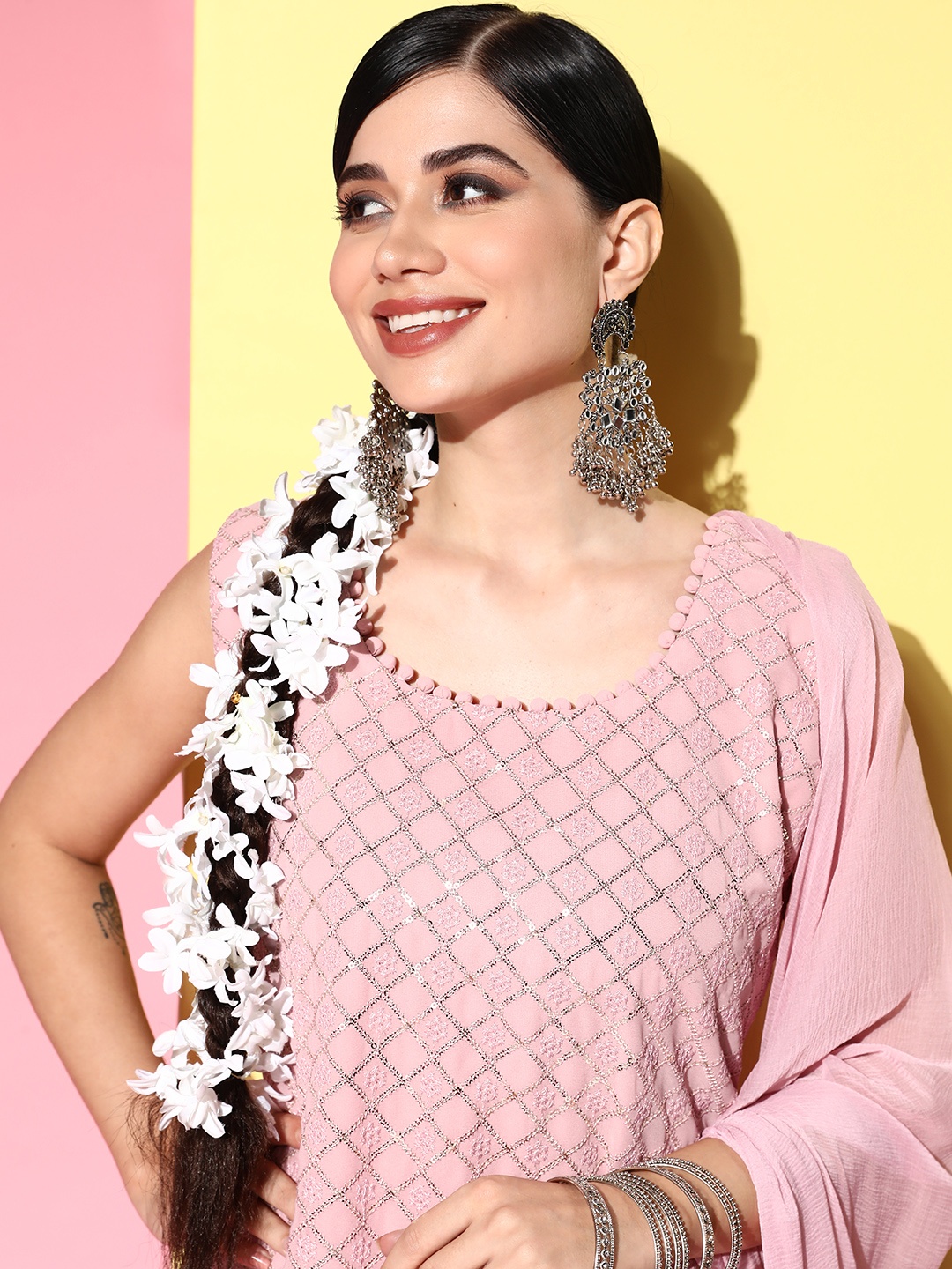 

ZOLA Women Pink Embroidered Sequinned Kurta with Palazzos & With Dupatta