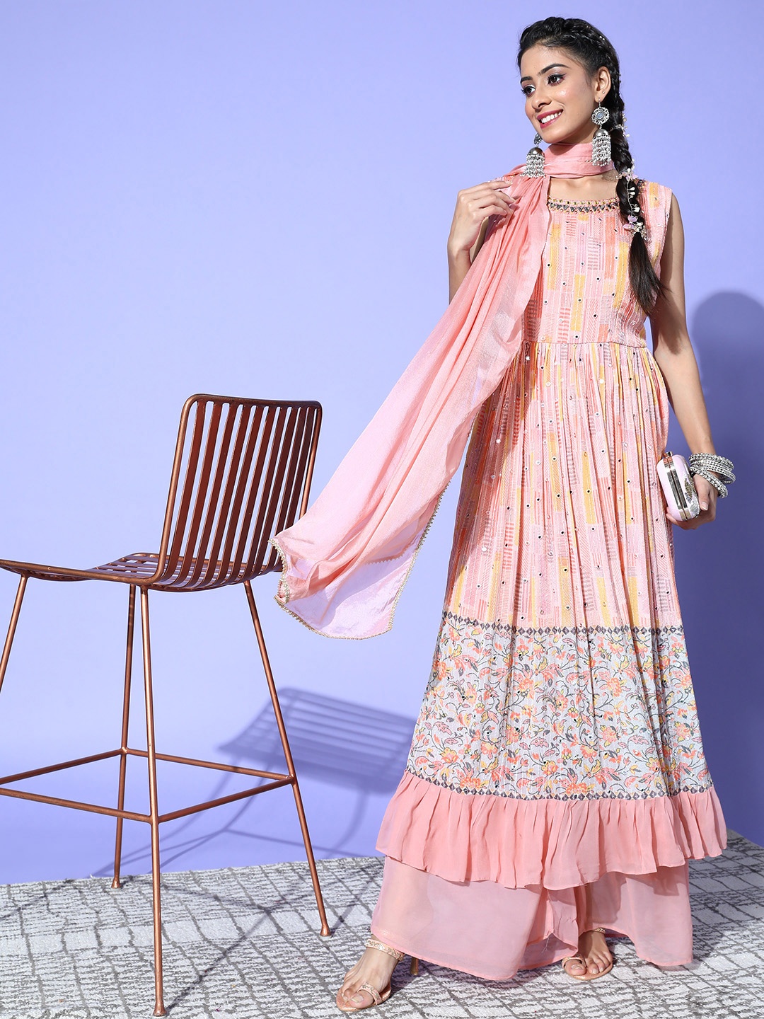 

ZOLA Women Striped Poly-Georgette Ruffled Kurta Set, Peach