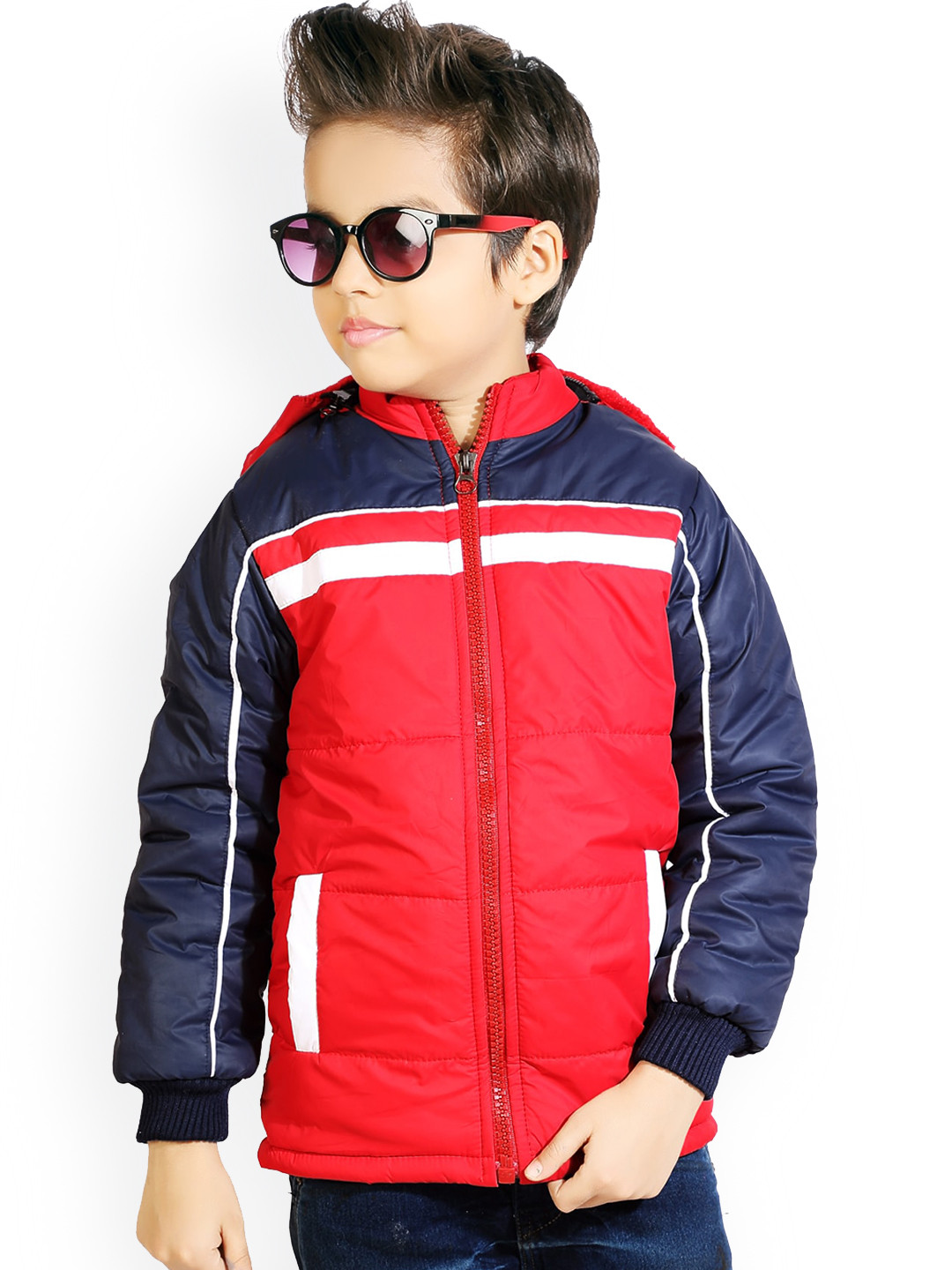 

AD & AV Boys Red Navy Blue Colourblocked Water Resistant Bomber Jacket
