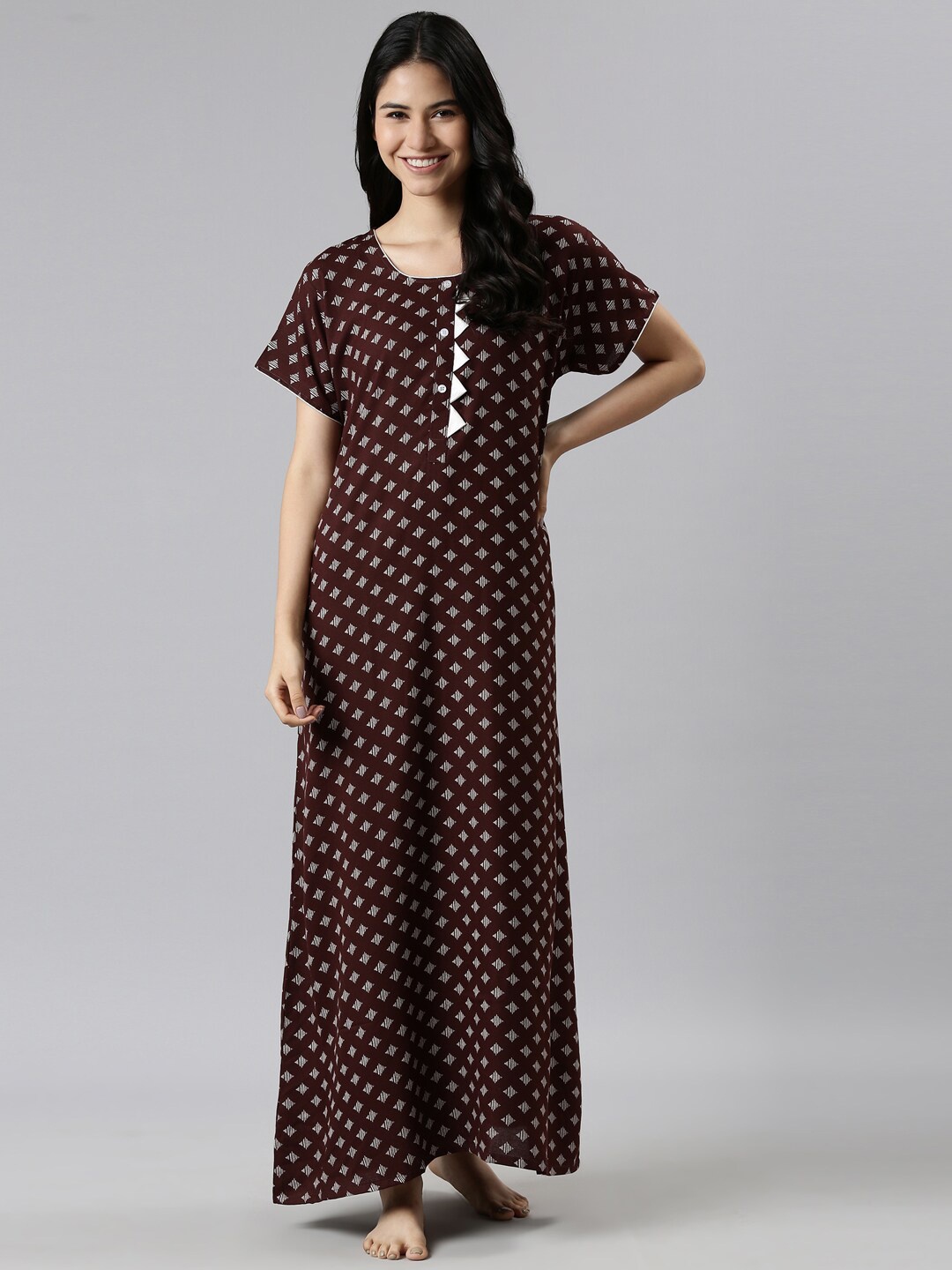 

GOLDSTROMS Women Coffee Brown Geometric Printed Maxi Nightdress