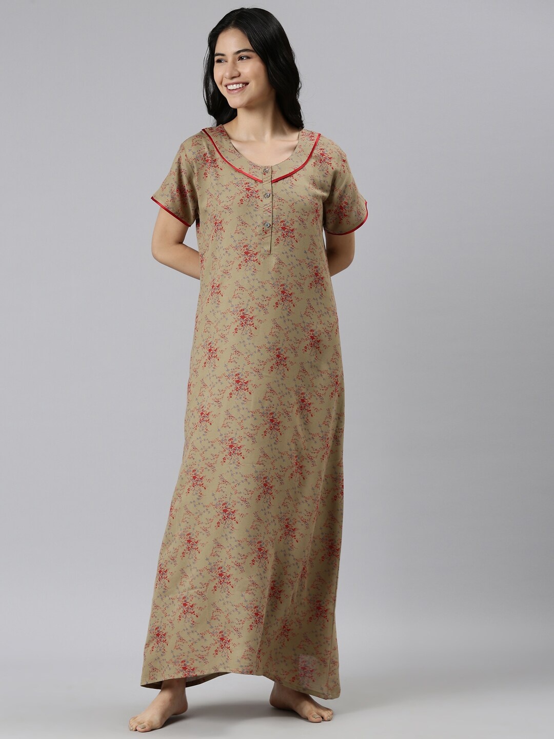 

GOLDSTROMS Women Khaki Printed Maxi Nightdress