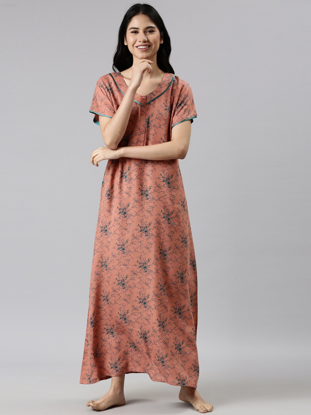 

GOLDSTROMS Peach-Coloured & Teal Printed Maxi Nightdress