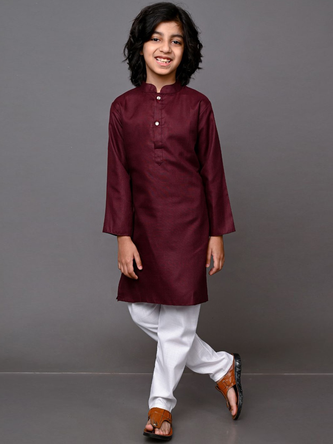 

VESHAM Boys Brown Pleated Kurti with Pyjamas