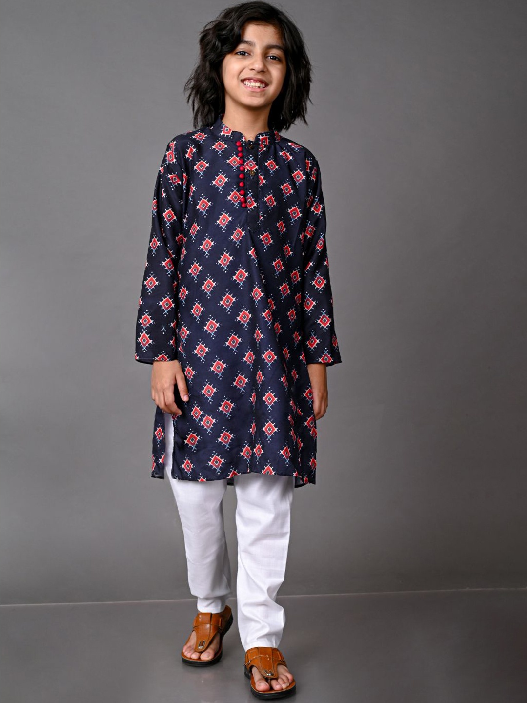 

VESHAM Boys Blue Floral Layered Kurti with Pyjamas