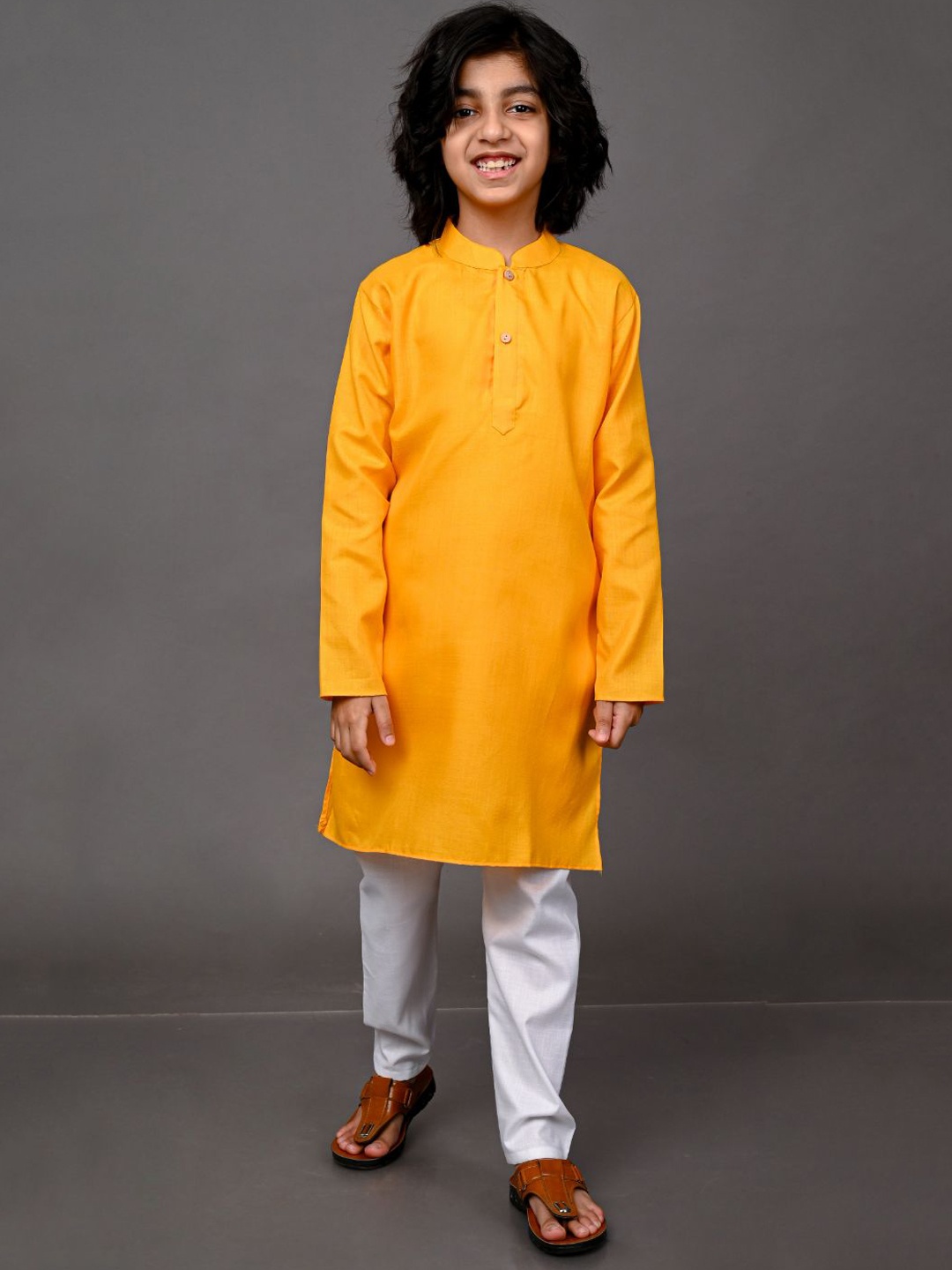 

VESHAM Boys Yellow Embroidered Pleated Kurti with Pyjamas