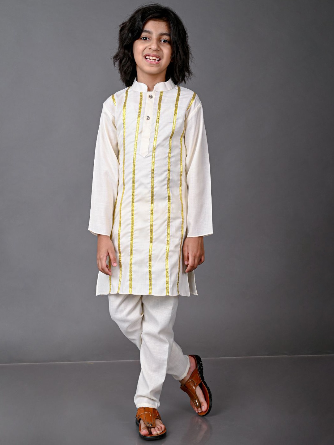 

VESHAM Boys Beige Striped Kurti with Pyjamas
