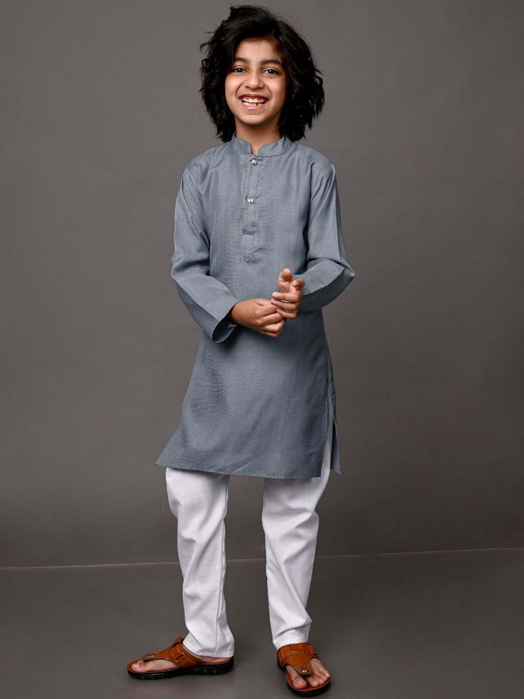 

VESHAM Boys Grey Angrakha Kurta with Palazzos & With Dupatta