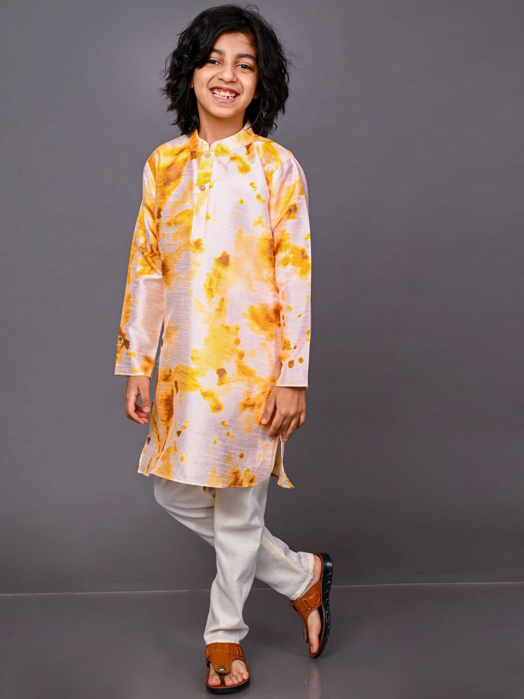 

VESHAM Boys Yellow Angrakha Kurti with Pyjamas & With Dupatta