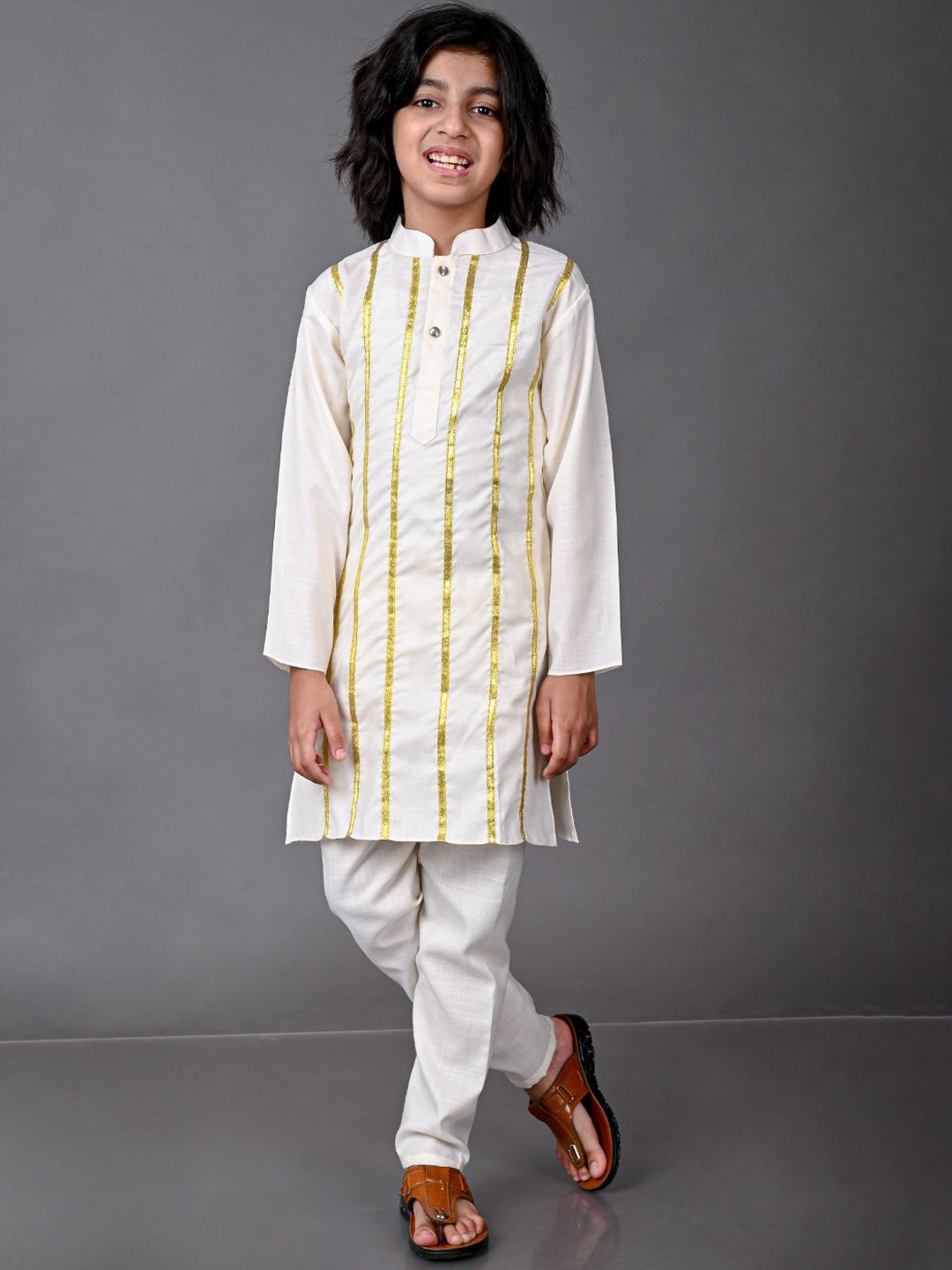 

VESHAM Boys Beige Angrakha Kurti with Trousers & With Dupatta