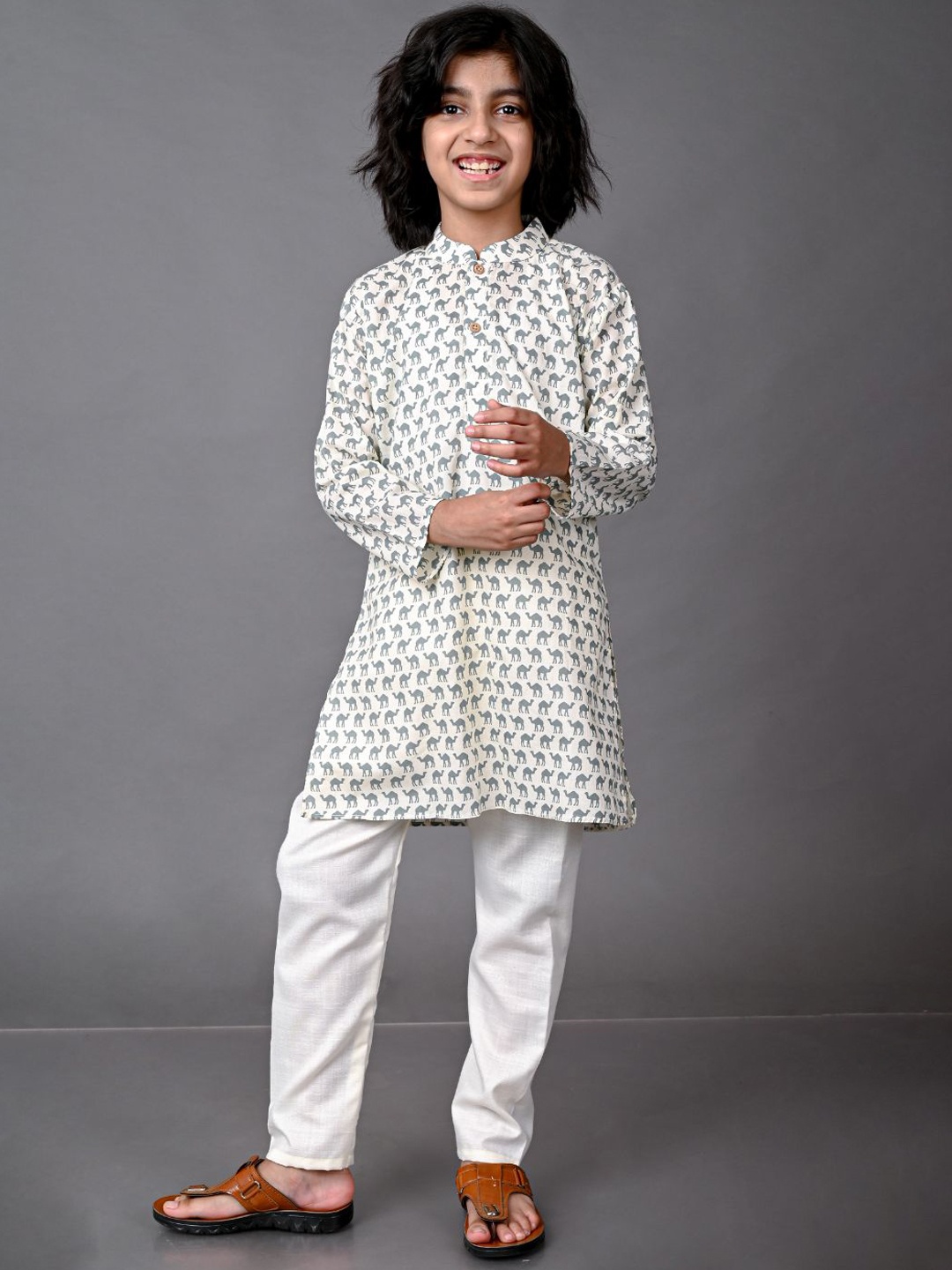 

VESHAM Boys Beige Tiered Kurti with Sharara