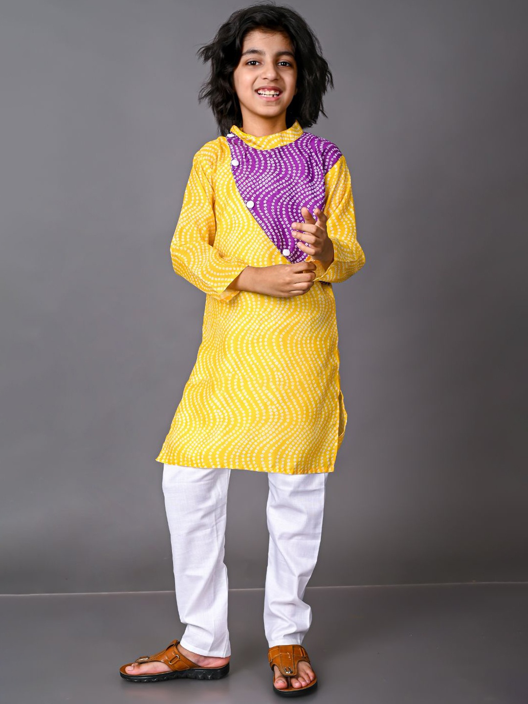 

VESHAM Boys Yellow Embroidered Layered Kurti with Trousers & With Dupatta