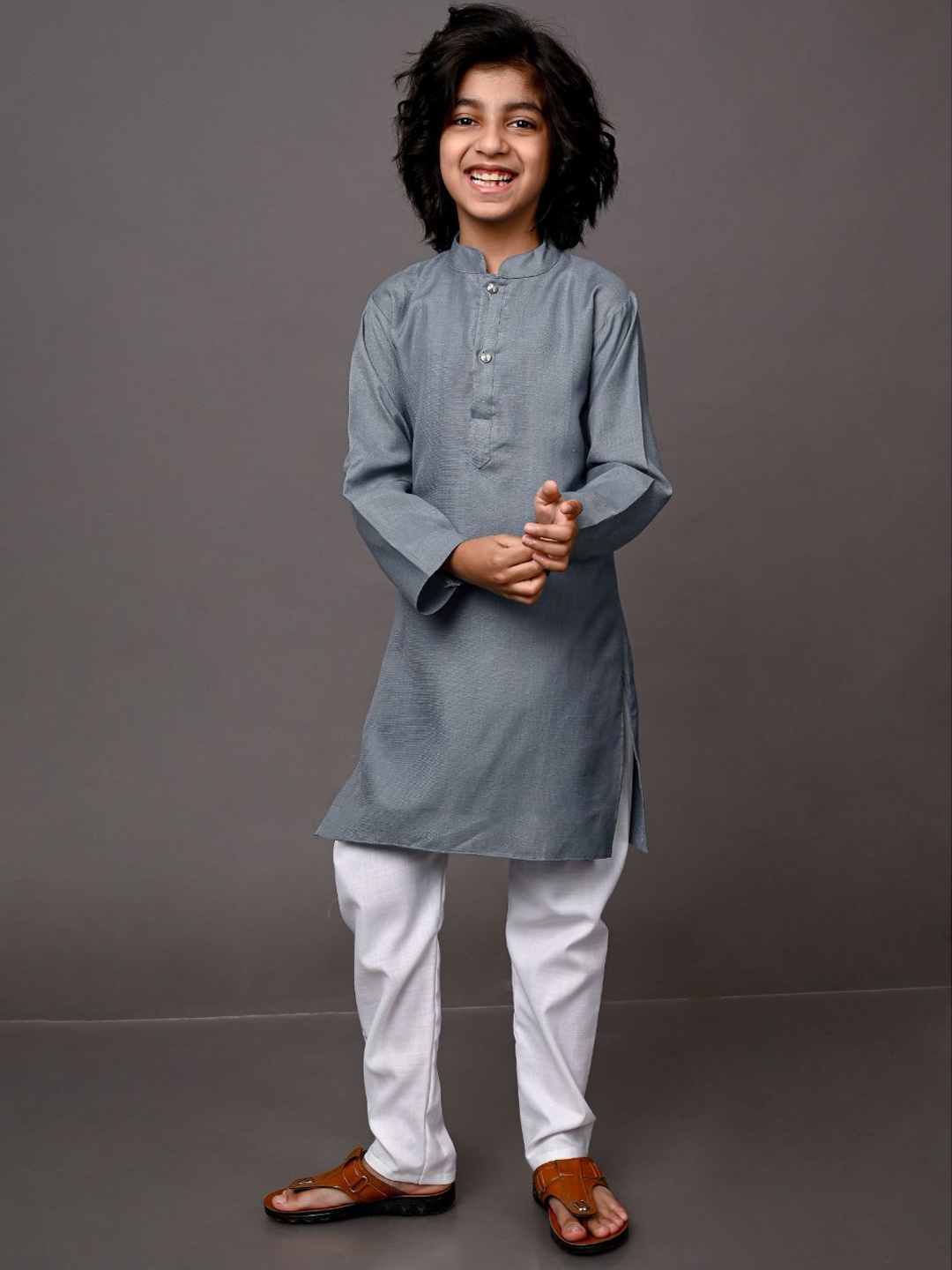 

VESHAM Boys Grey Angrakha Kurta with Palazzos & With Dupatta