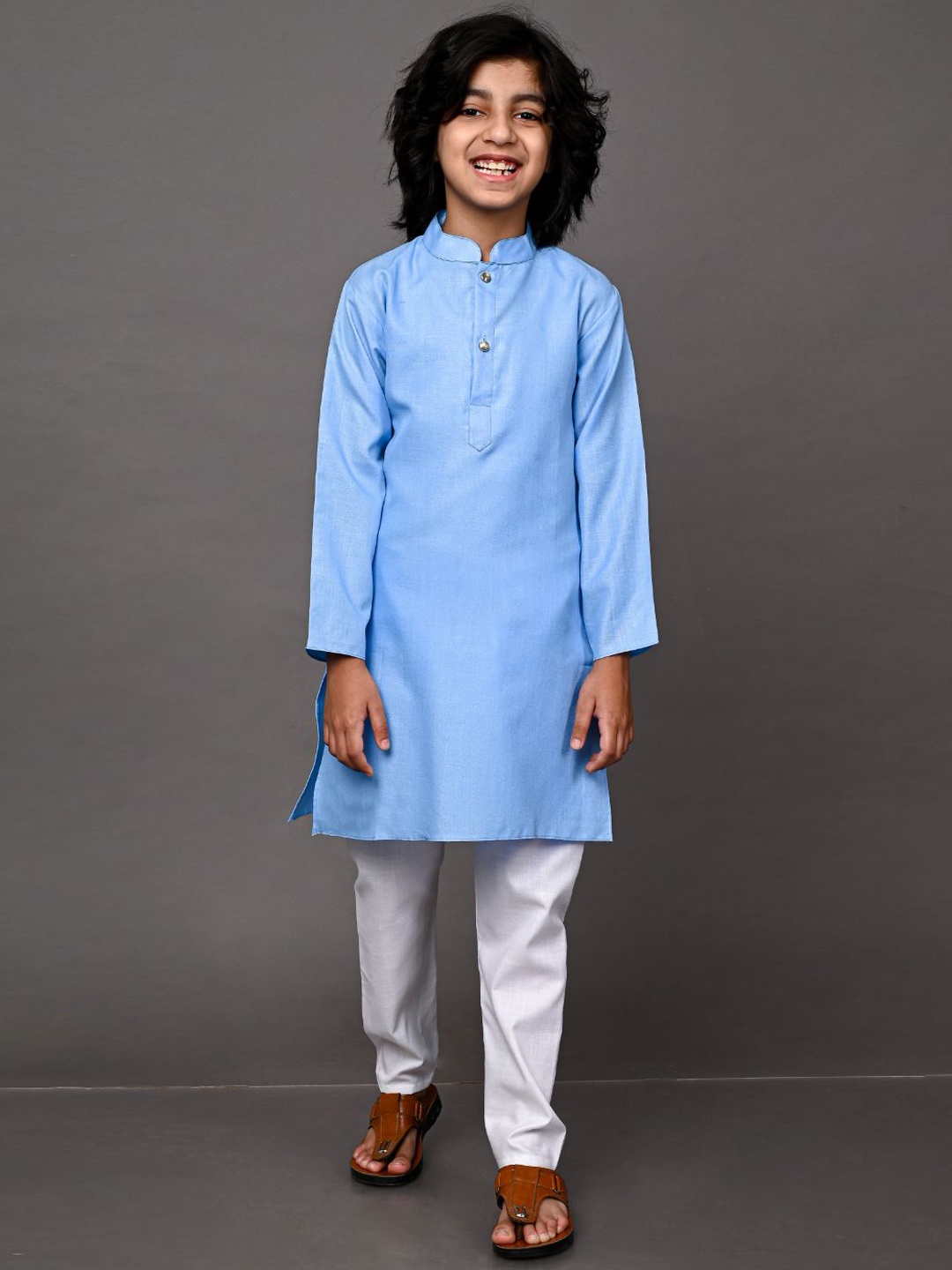 

VESHAM Boys Blue Striped Pleated Kurti with Pyjamas