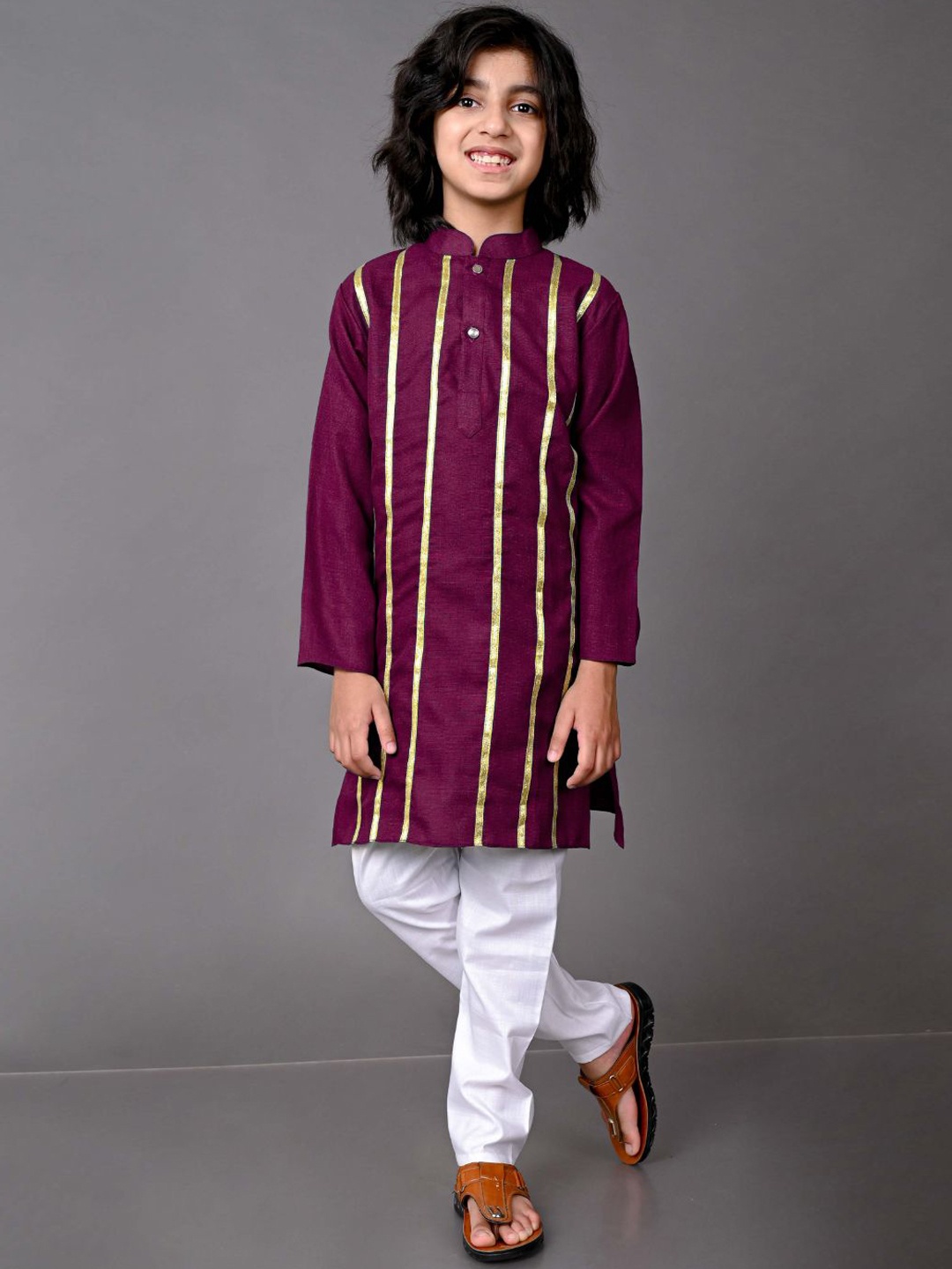 

VESHAM Boys Burgundy Striped Kurti with Pyjamas