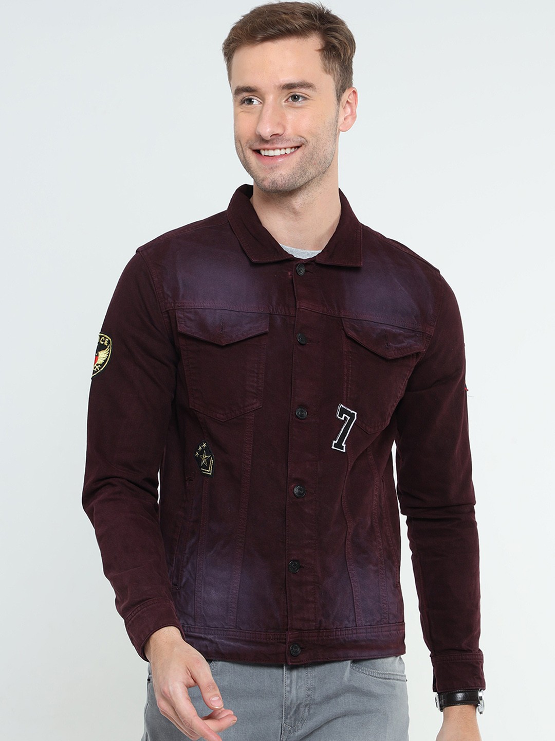 

Old Grey Men Maroon Washed Windcheater Denim Jacket with Patchwork