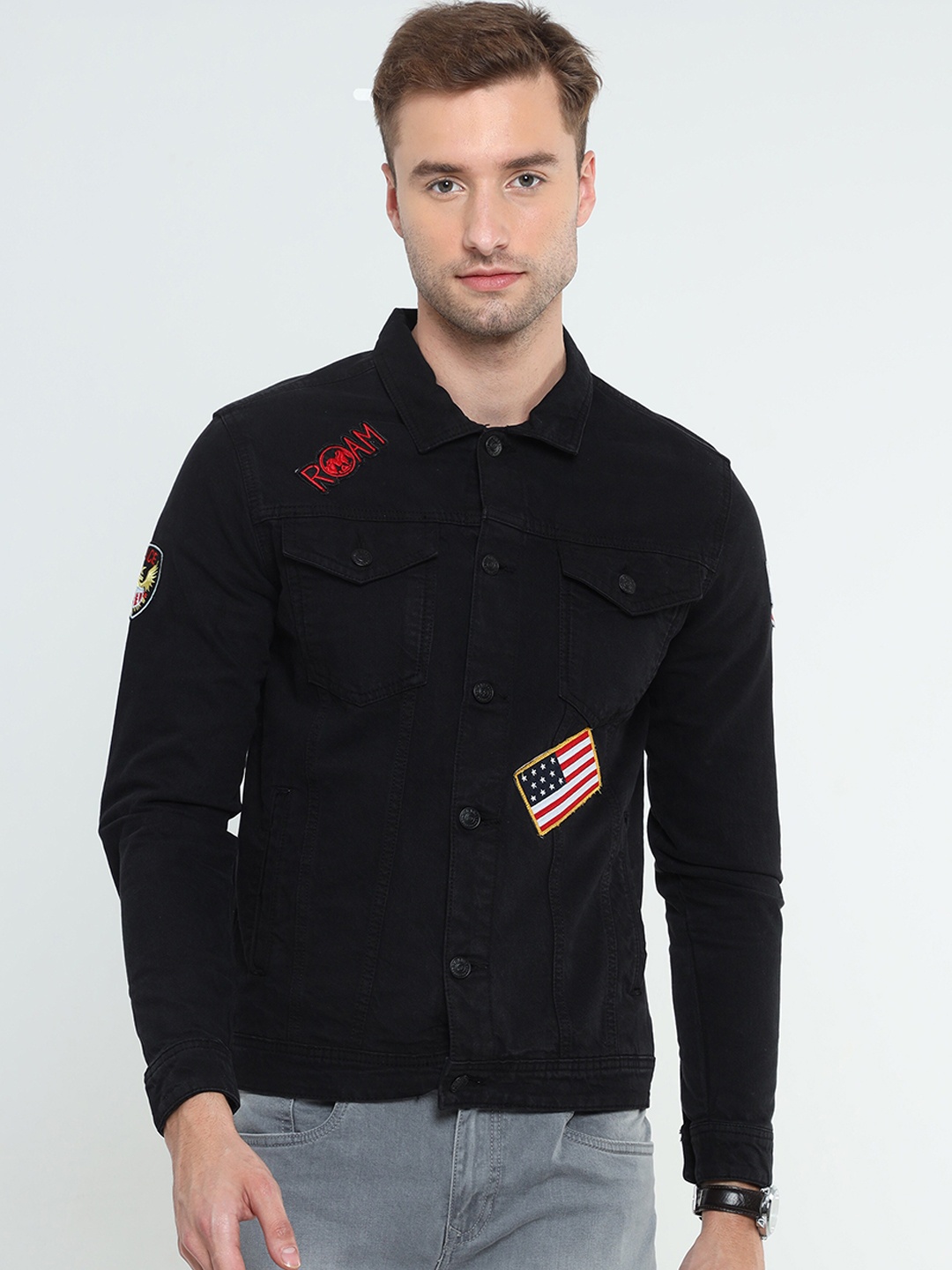 

Old Grey Men Black Windcheater Tailored Jacket with Patchwork