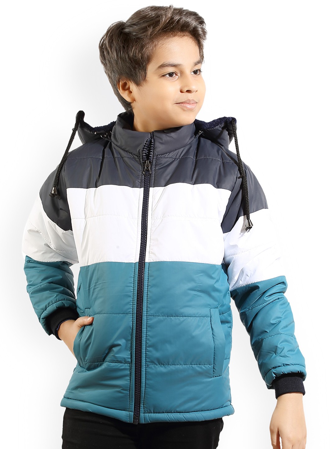 

AD & AV Boys Turquoise Blue White Colourblocked Water Resistant Quilted Jacket