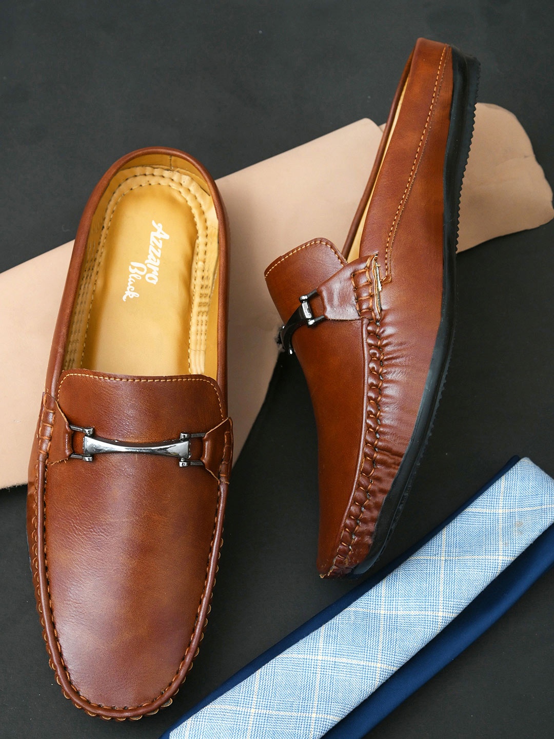 

Azzaro Black Men Tan Loafers