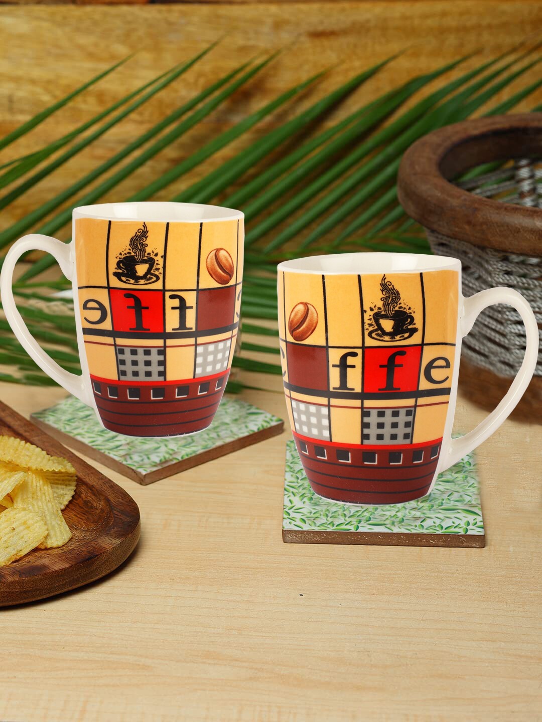 

ZEVORA White & Brown Handcrafted Printed Ceramic Glossy Mugs