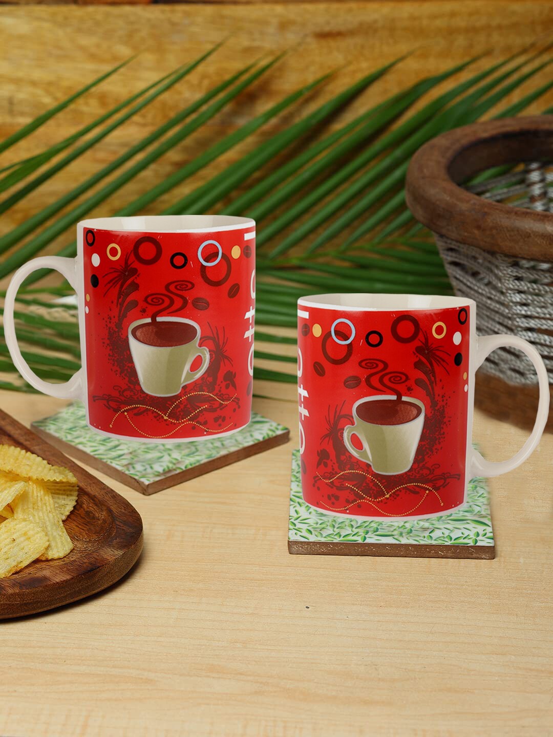 

ZEVORA White & Red Set Of 2 Dishwasher Safe Ceramic Glossy Mugs 300ml Each
