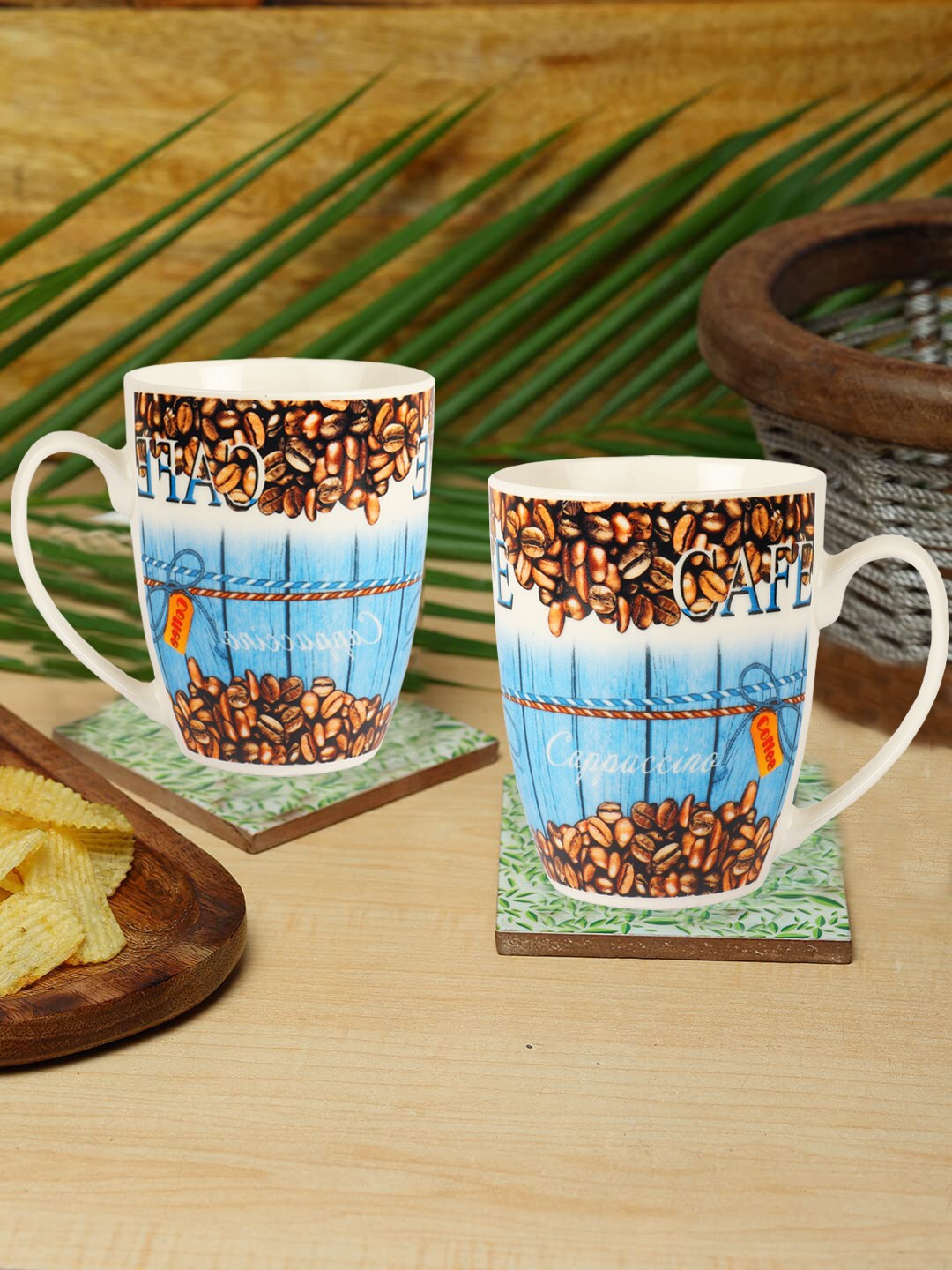

ZEVORA Blue & Brown Set Of 2 Dishwasher Safe Ceramic Glossy Mugs 300 ml Each