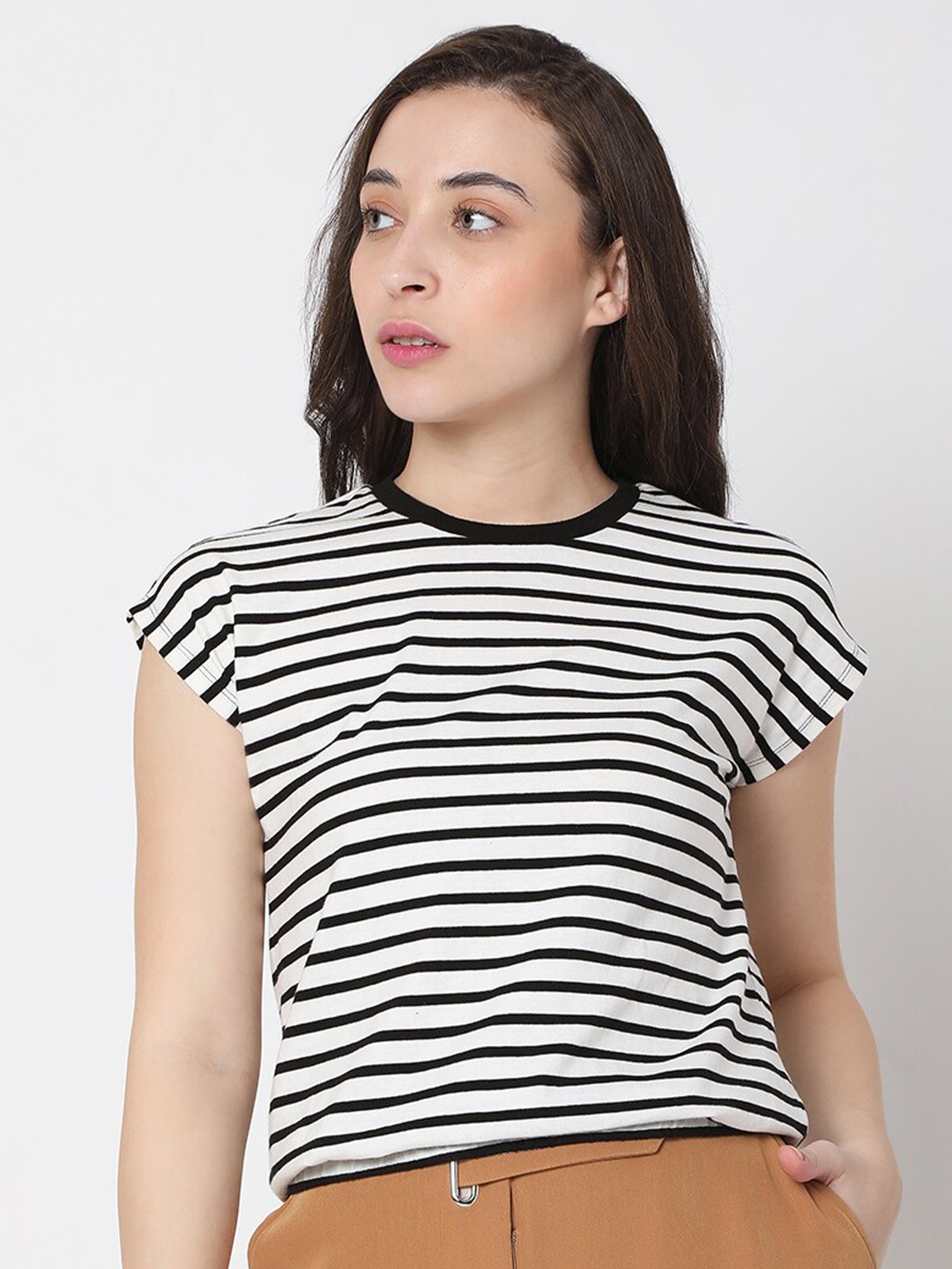 

Vero Moda Women White Striped Extended Sleeves T-shirt