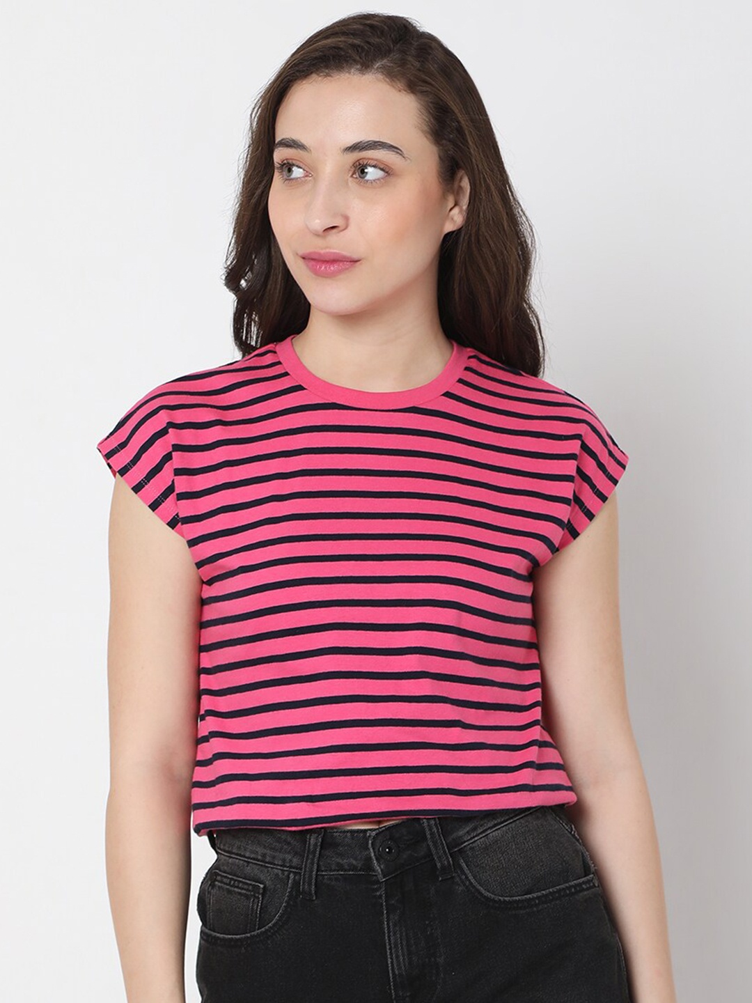 

Vero Moda Women Pink & Black Striped Extended Sleeves T-shirt