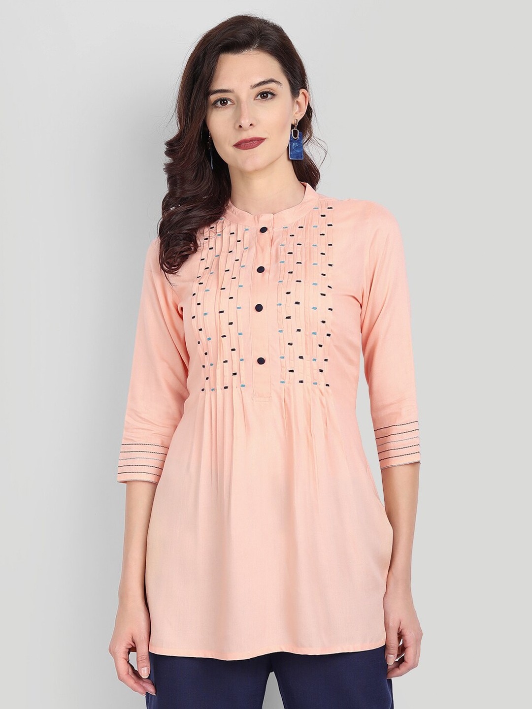 

githaan Peach-Coloured Geometric Embroidered Mandarin Collar Longline Top