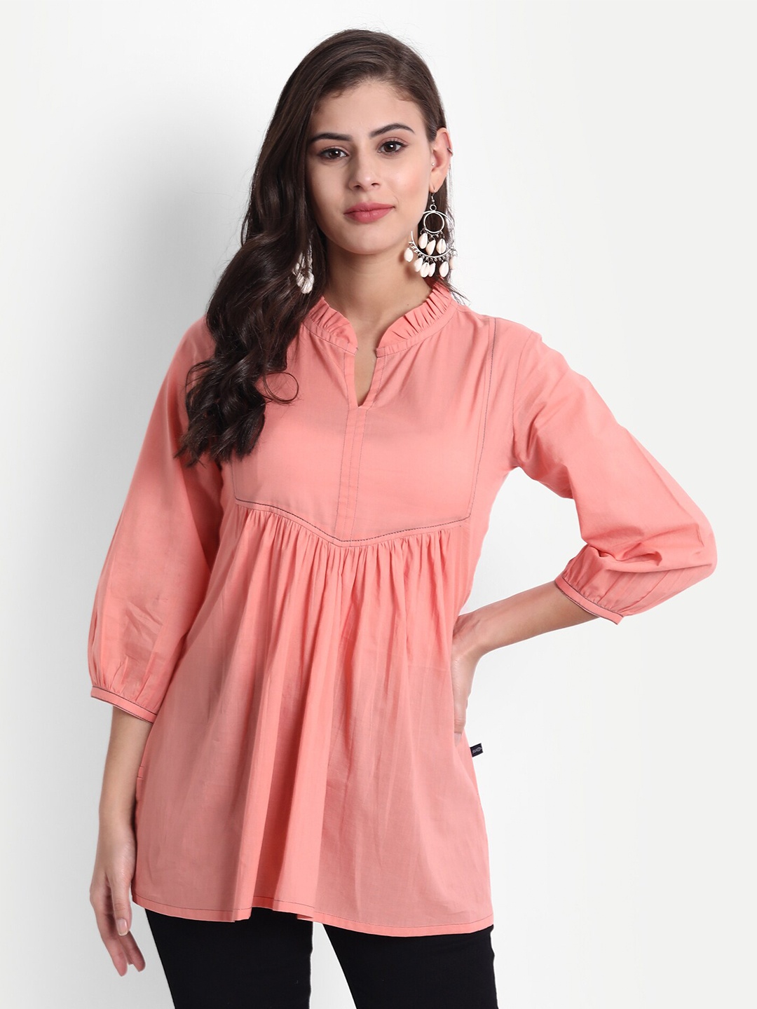 

githaan Women Coral Mandarin Collar Longline Top