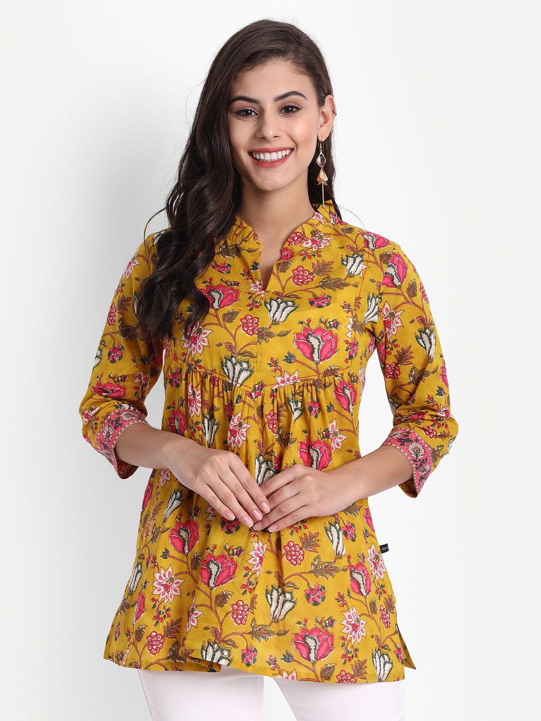 

githaan Women Mustard Yellow Floral Print Mandarin Collar Empire Top