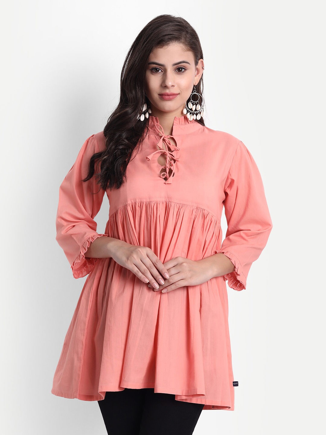 githaan Women Coral Solid Tie-Up Neck Cotton Top
