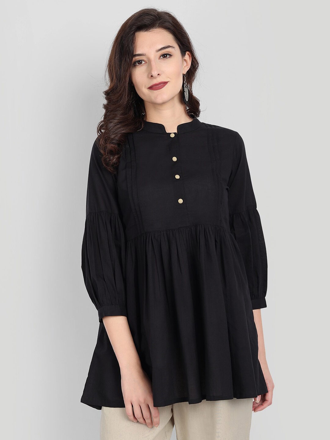 

githaan Women Black Solid Mandarin Collar Empire Longline Top