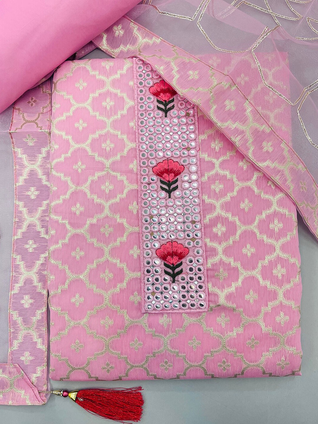 

JATRIQQ Pink & Gold-Toned Art Silk Unstitched Dress Material