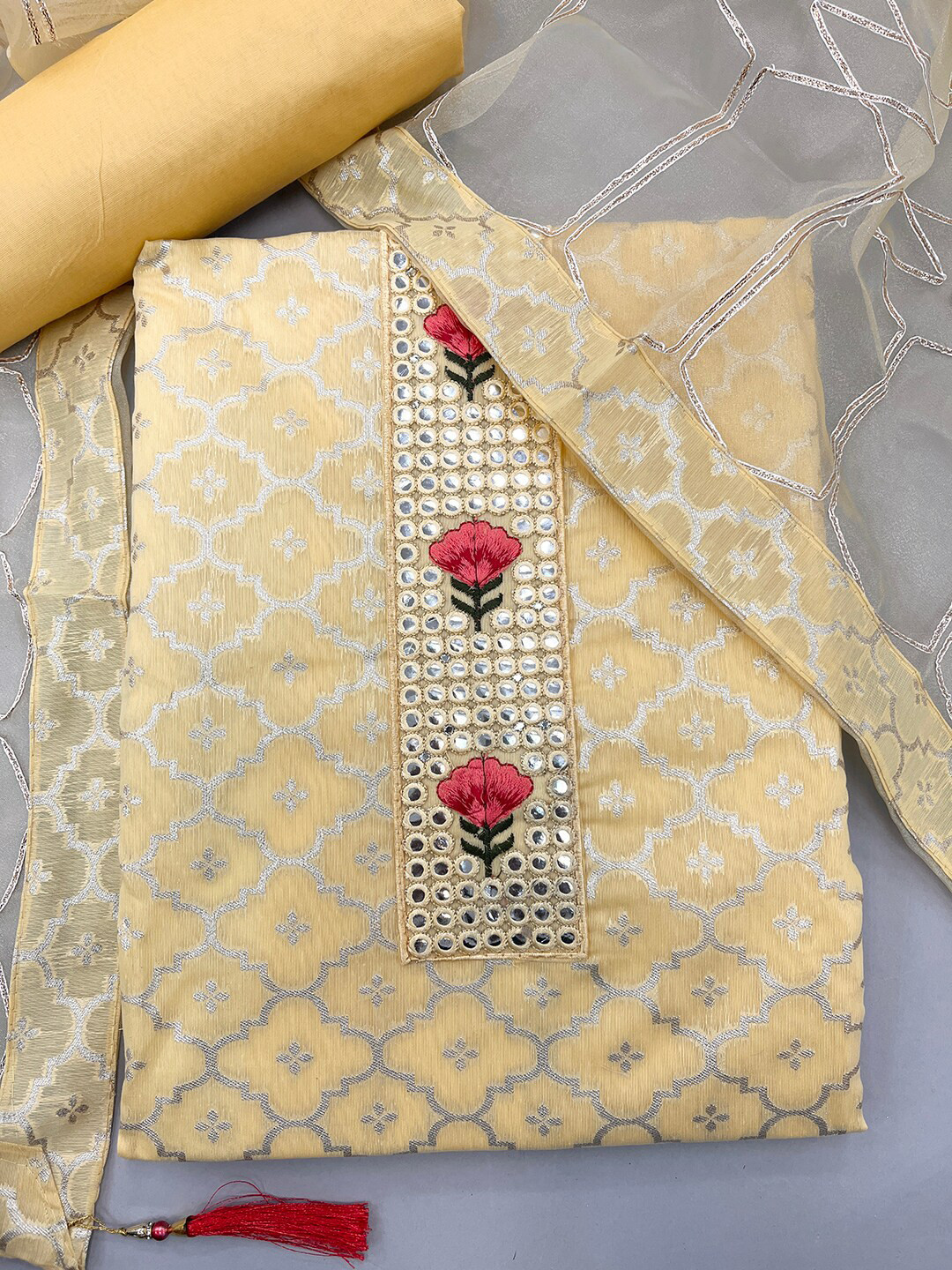 

JATRIQQ Yellow & Gold-Toned Woven Design Art Silk Unstitched Dress Material