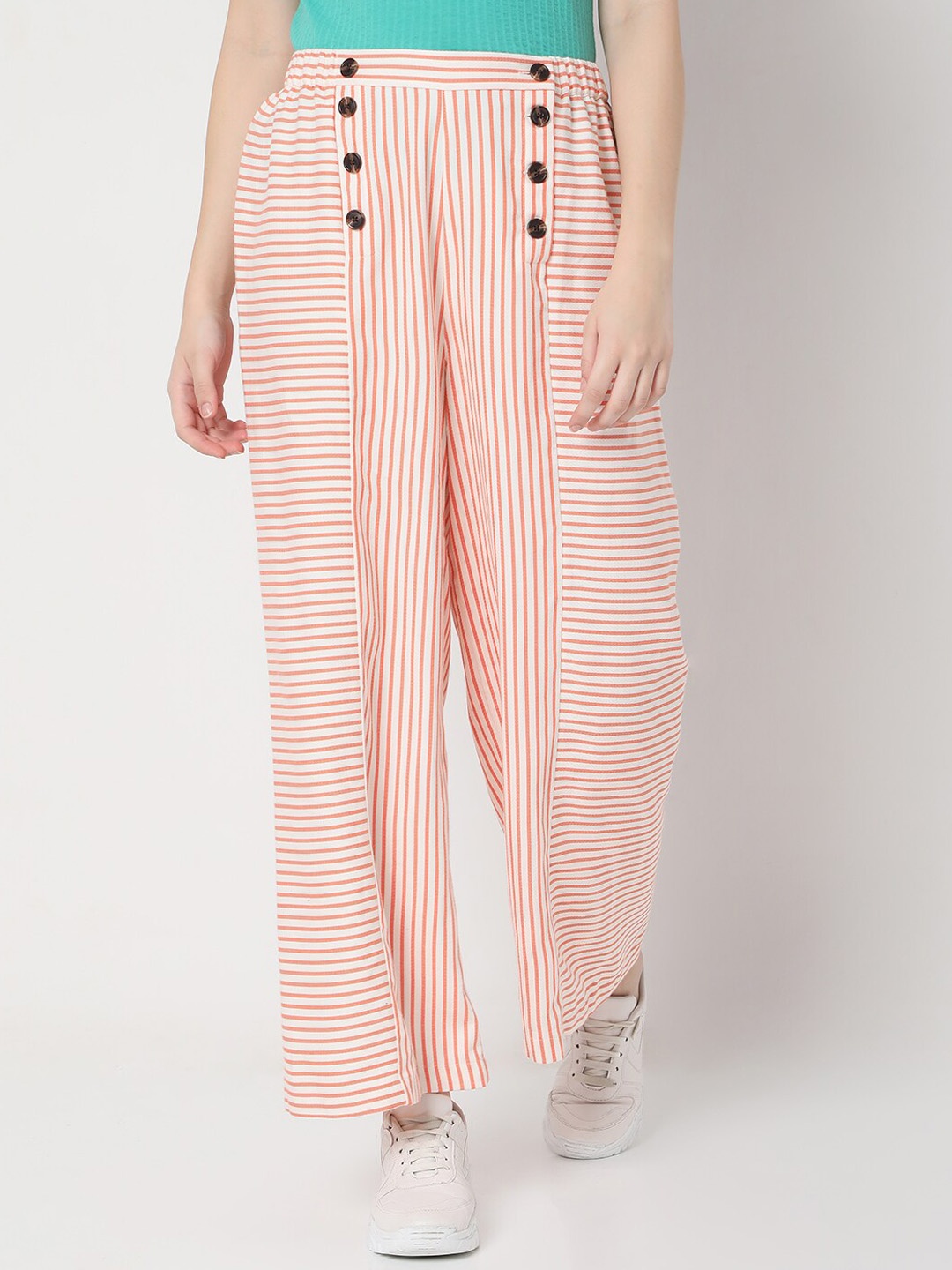 

Vero Moda Women Pink Striped High-Rise Trousers