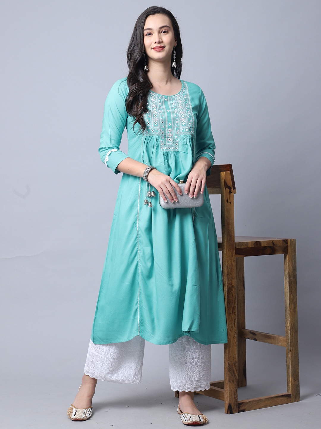 

Rajnandini Women Blue & White Embroidered Mirror Work A-Line Kurta
