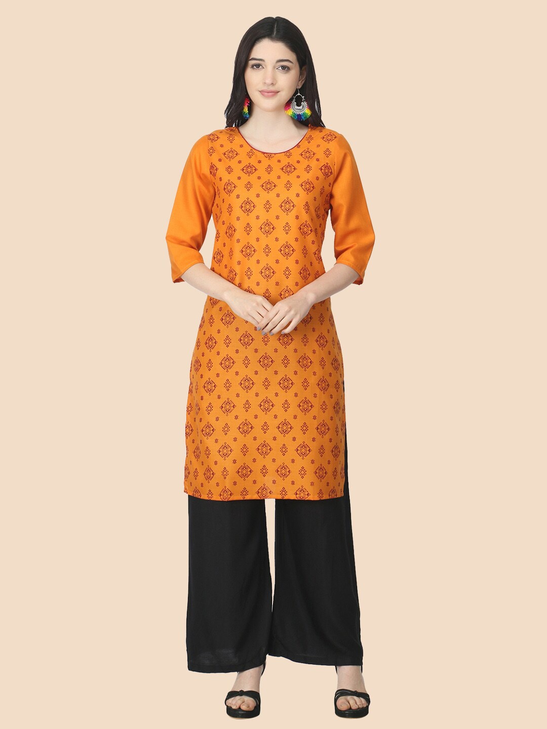 

FEMMIBELLA Women Orange Ethnic Motifs Printed Cotton Straight Kurta