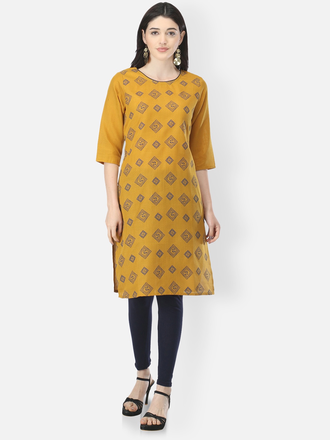 

FEMMIBELLA Women Yellow & Grey Geometric Printed Kurta
