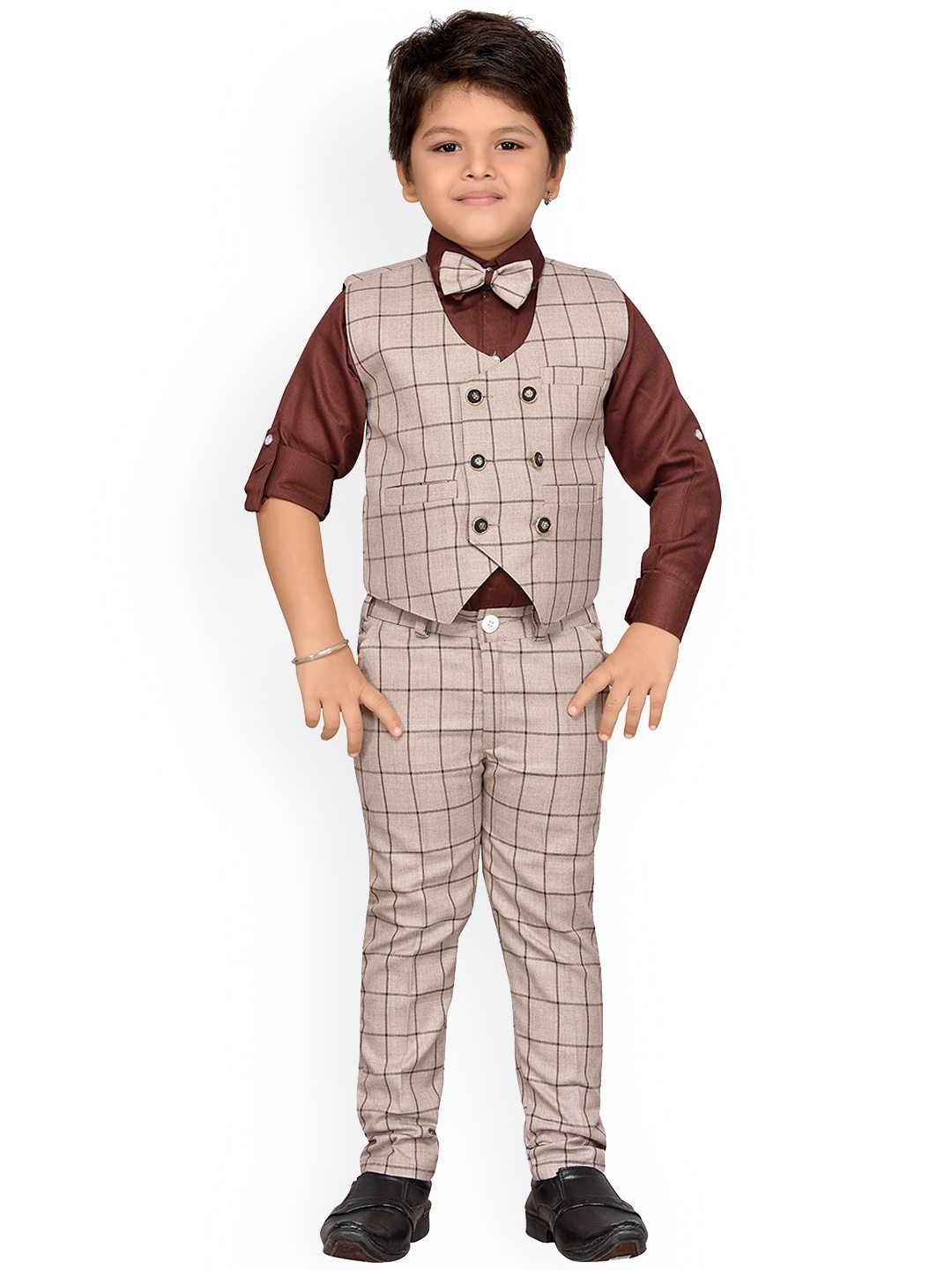 

Aj DEZInES Boys Brown Checked 4 Piece Suit Set