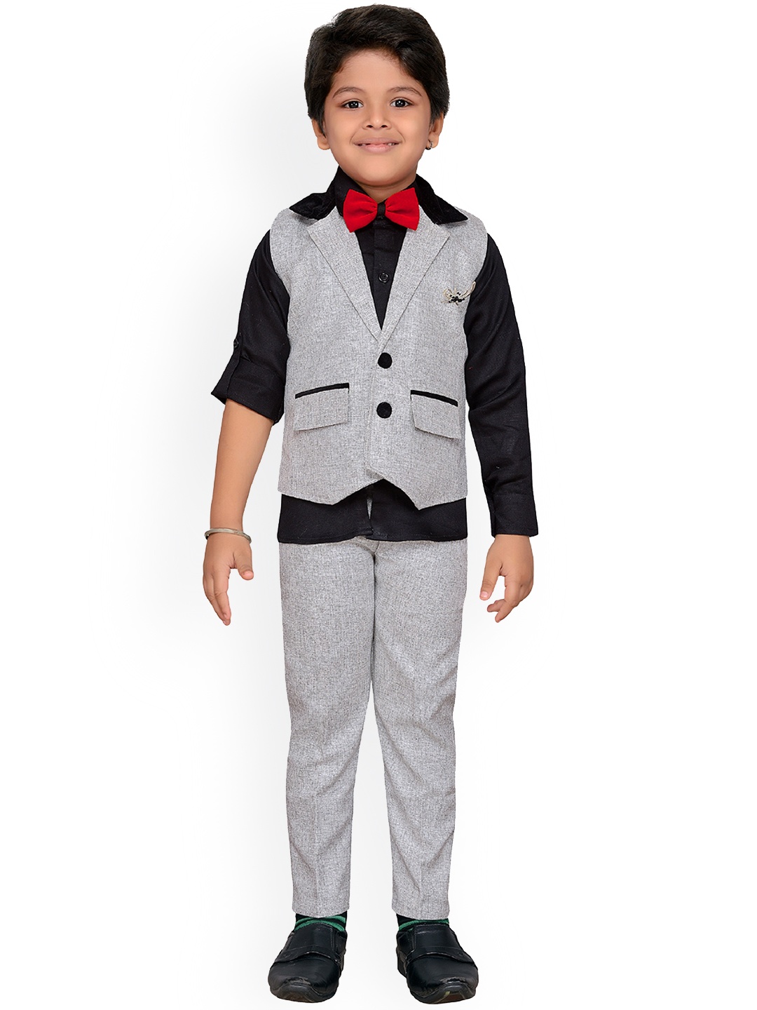 

Aj DEZInES Boys 3-Piece Black & Grey Solid Shirt With Trousers & Waistcoat