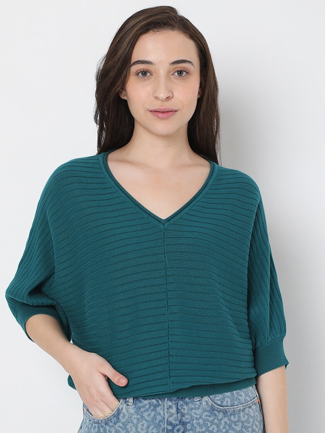 

Vero Moda Women Green Striped Pullover Sweaters