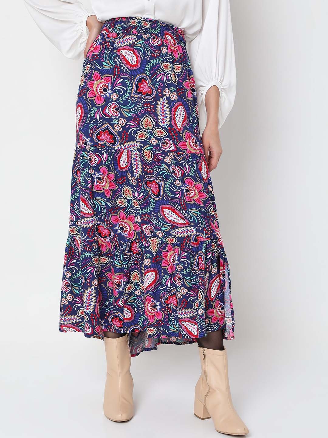 

Vero Moda Blue & Pink Floral Printed A-Line Midi Flared Skirts