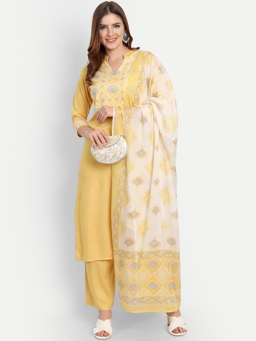 

githaan Women Yellow Ethnic Motifs Embroidered Kurta with Trousers & With Dupatta