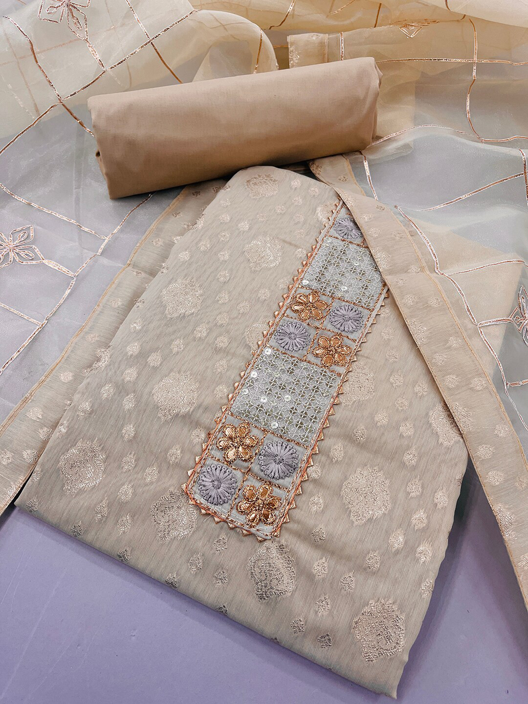 

JATRIQQ Beige & Silver-Toned Art Silk Unstitched Dress Material