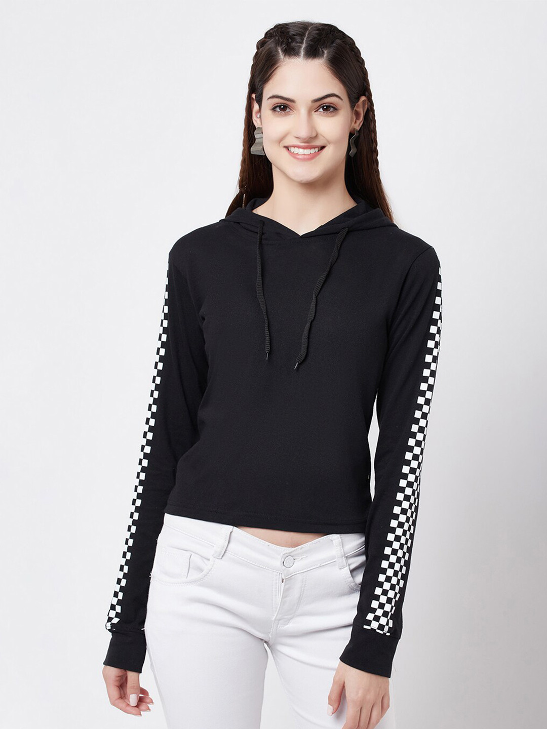 

ELEGANCE Women Black & White Printed Hooded T-shirt