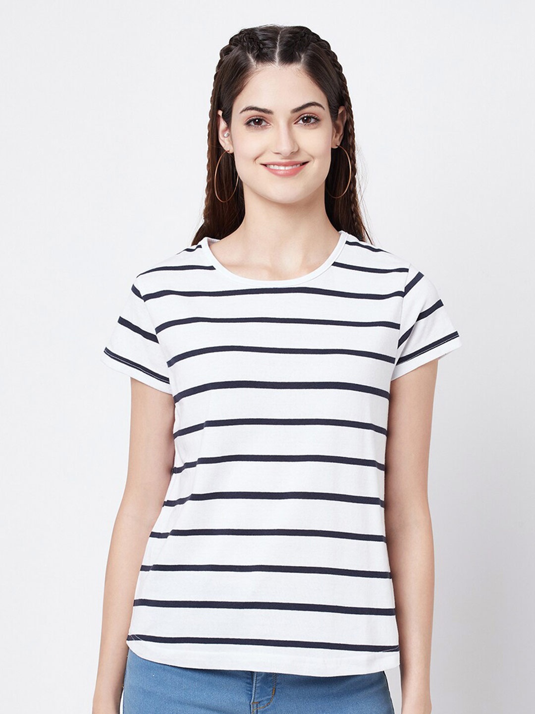 

ELEGANCE Women White & Black Horizontal Striped T-shirt