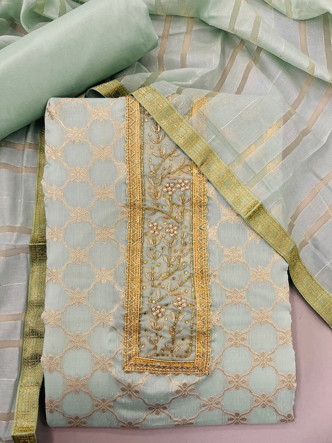 

JATRIQQ Women Sea Green Woven Design Dress Material